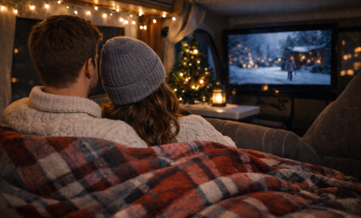 Soirée cinéma de Noël dans un motorhome avec lumière douce, plaid et ambiance hivernale